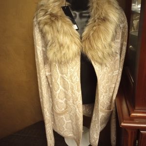 Sioni Taupe Detachable Faux Fur Trim Collar Open Cardigan Sweater Size PXL